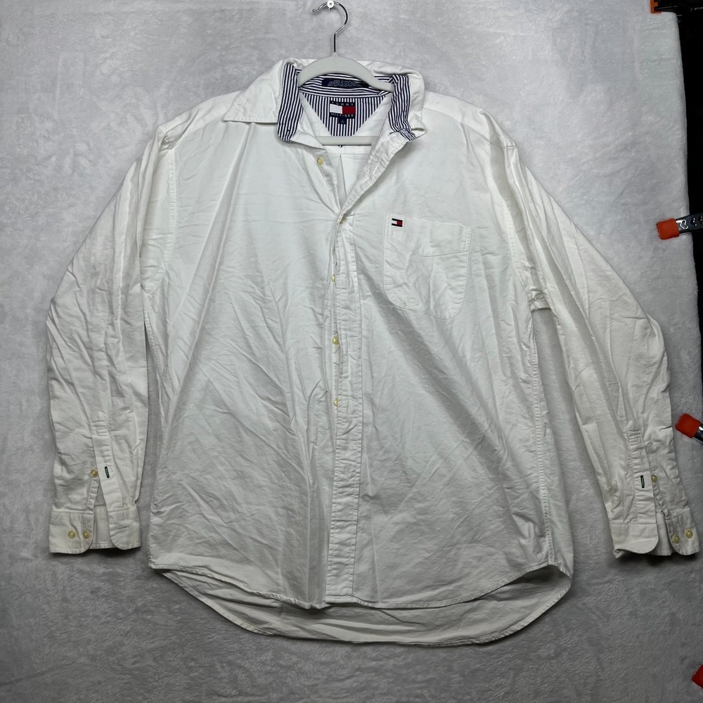 Tommy Hilfiger Button Up‎ Long Sleeve Shirt Men's Ivory Pocket Classic - Large
